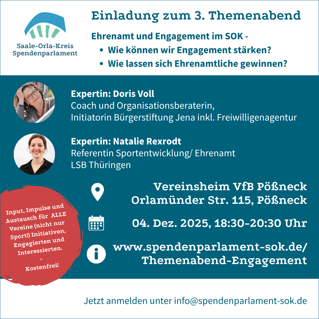 Du betrachtest gerade Themenabend „Ehrenamt und Engagement im Saale-Orla-Kreis“ – Austausch, Impulse und neue Ideen